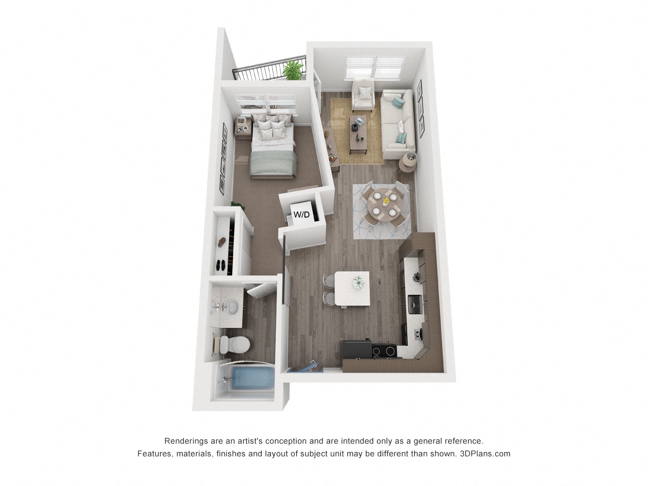 Floor plan for 1 bed, 1 bath, 700 sqft